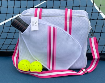 PICKLEBALL BAG Neoprene Paddle Tennis Bag, Platform Tennis Bag, Pickleball bag, White with Pink Racer Stripe