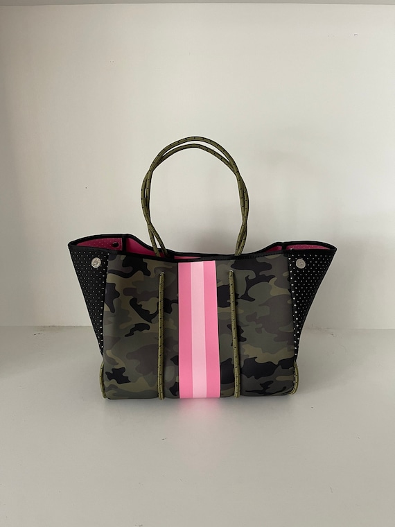 White and Neon Pink Stripe Neoprene Tote