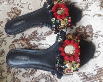 Dolce & Gabbana Leather Pom Pom And Mirror Embellished Flat Sandals Size 38