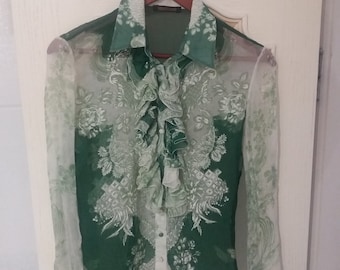 Roberto Cavalli blouse chiffon ruffles green print