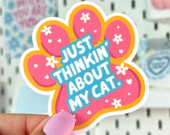 Just Thinkin' About My Cat Sticker | Retro Pastel Paw Print, Cat Mom