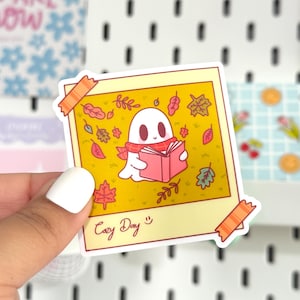 Cozy Day Ghost Sticker - Cute Autumn Ghost Reading, Fall Vibes Vinyl Sticker, Kindle Sticker, Laptop Sticker, Water Resistant