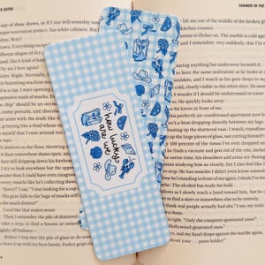 Blue Gingham Bookmark: Coastal Cowgirl Design - Matte Laminated Double-Sided with Optional Tassel