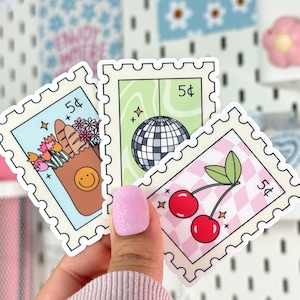 Cute Stamp Style Stickers – Cherry, Disco Ball, Grocery Bag Decals