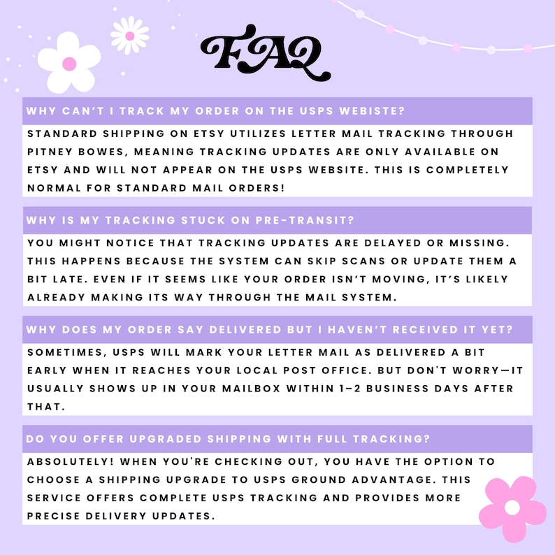 Peut inclure: Une feuille de FAQ lilas avec quatre questions courantes sur le suivi des commandes Etsy. Le titre "FAQ" est dans une police noire fantaisiste. Des &eacute;l&eacute;ments floraux d&eacute;coratifs et des zones de texte en diff&eacute;rentes nuances de violet et de lavande sont pr&eacute;sents.