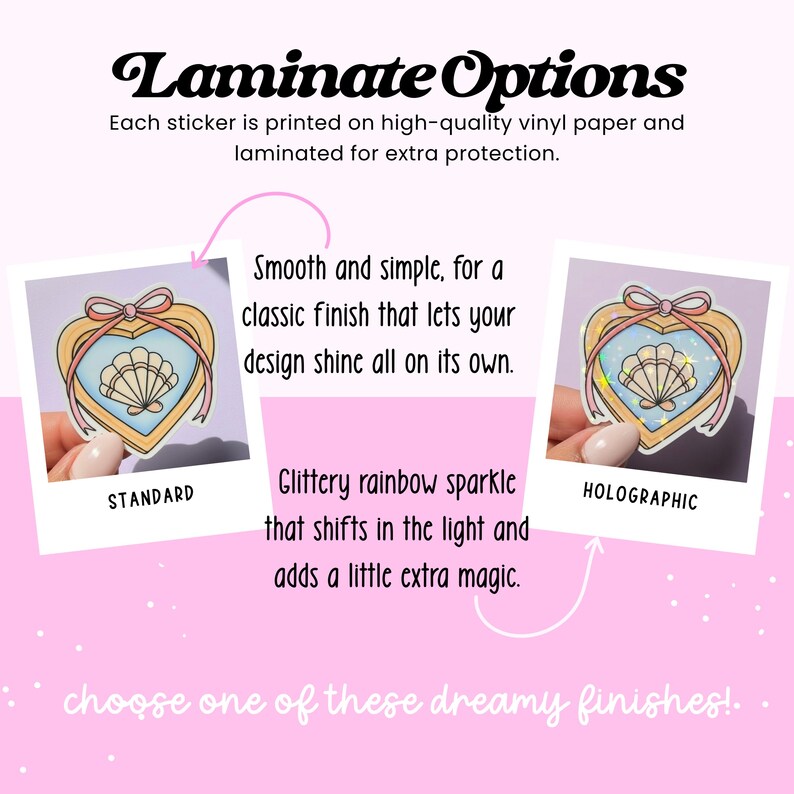 Peut inclure: L'image pr&eacute;sente des options de laminage d'autocollants. Le texte indique "Options de laminage" et d&eacute;crit deux finitions : Standard et Holographique. Les autocollants pr&eacute;sentent un motif en forme de c&oelig;ur avec un coquillage.