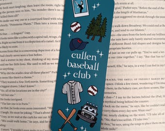 May include: Teal bookmark featuring baseball-themed illustrations. Includes a baseball cap, baseballs, a jersey, crossed bats, a jeep, and the text "Cullen Baseball Club." A small photo shows a person. Perfect for book lovers.