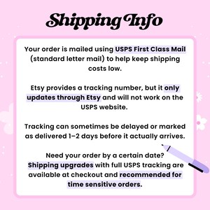 May include: A pink background with the words "Shipping Info" in a decorative font. The text provides information about shipping, including USPS First Class Mail, tracking updates, and shipping upgrades.