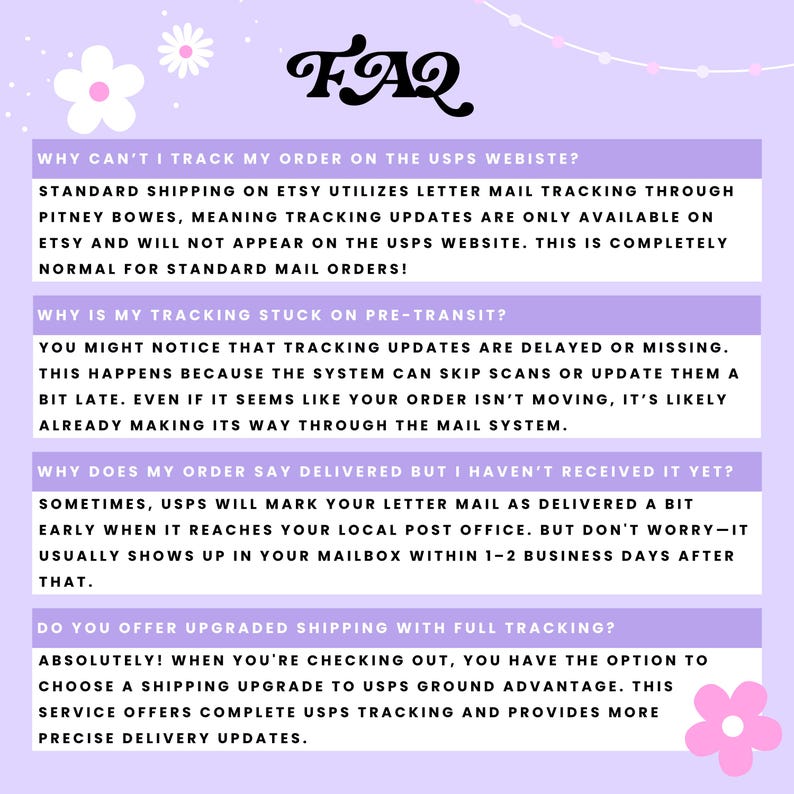May include: A lilac-colored FAQ sheet with white text addressing common Etsy order tracking questions. The title "FAQ" is in a whimsical black font. Decorative floral elements are in the corners.