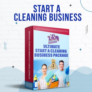 Puede incluir: Una portada de libro roja y blanca con el título "Ultimate Start a Cleaning Business Package". La portada presenta una ilustración de dibujos animados de un logotipo de negocio de limpieza y dos personas que sostienen suministros de limpieza.