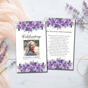 Modèle de carte de prière fleur violette modifiable, cartes de prière commémoratives, cartes funéraires, modèle funéraire, idées commémoratives, prière imprimable, Canva