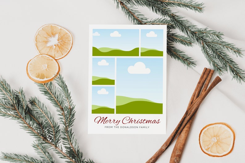 May include: A white Christmas card with a blue and green landscape design. The card reads "Merry Christmas from the Donaldson Family".