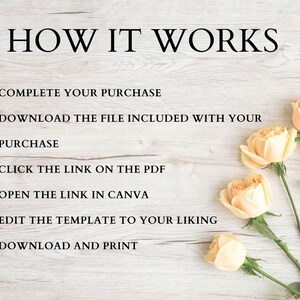 May include: A white wooden background with a set of instructions on how to use a digital template. The instructions are written in black text and numbered 1 through 6. There are four peach-colored roses on the right side of the image.