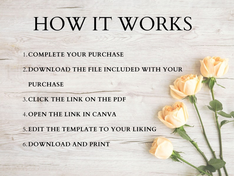 May include: A white wooden background with a set of instructions on how to use a digital template. The instructions are written in black text and numbered 1 through 6. There are four peach-colored roses on the right side of the image.
