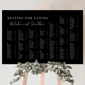 Zwarte alfabetische zitplaatsen grafiek voor bruiloft, Canva bruiloft sjabloon, moderne zwarte bruiloft decor, zitplaatsen voor het eten van teken, 36 x 24 poster