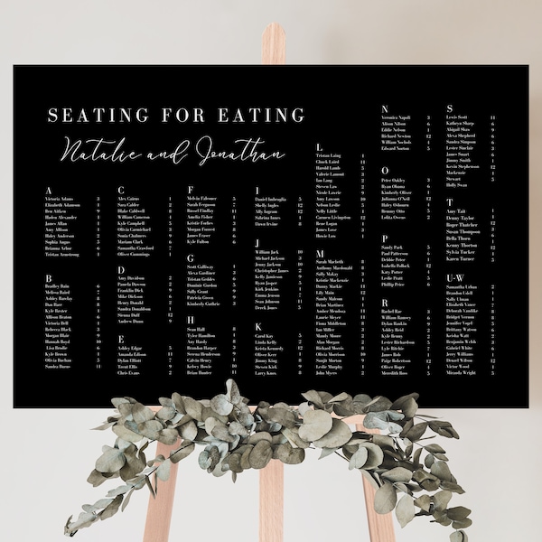 Black Alphabetical Seating Chart for wedding, Canva Wedding Template, modern black wedding decor, Seating for eating sign, 36 x 24 poster