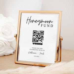 Sinal de fundo de lua de mel, presente em dinheiro de casamento, desejo de lua de mel Venmo, modelo Canva editável, sinal de código QR de lua de mel, 8x10, 5x7, download instantâneo