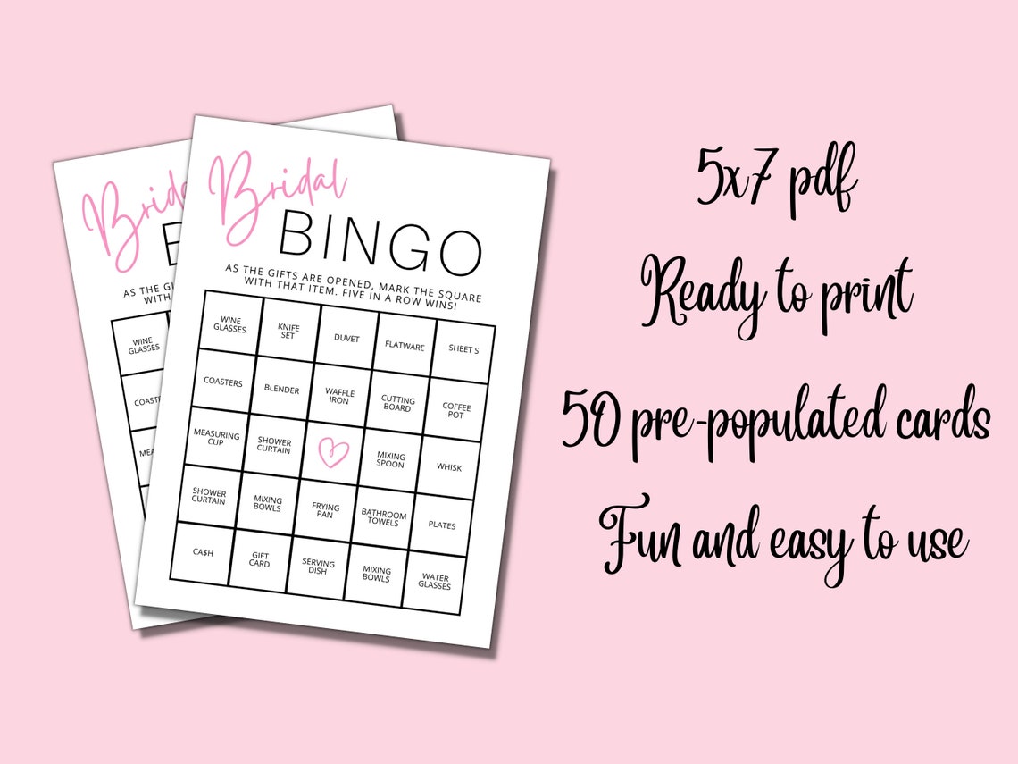 50 Prefilled Bridal Shower Bingo Cards, Printable Bridal Shower Games