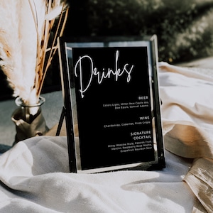 Schwarze und weiße Bar-Menü-Vorlage, schwarze Hochzeit Getränke-Menü-Zeichen, Bar-Menü-Zeichen für Hochzeit, moderne Hochzeitsdekor, Hochzeit Printable