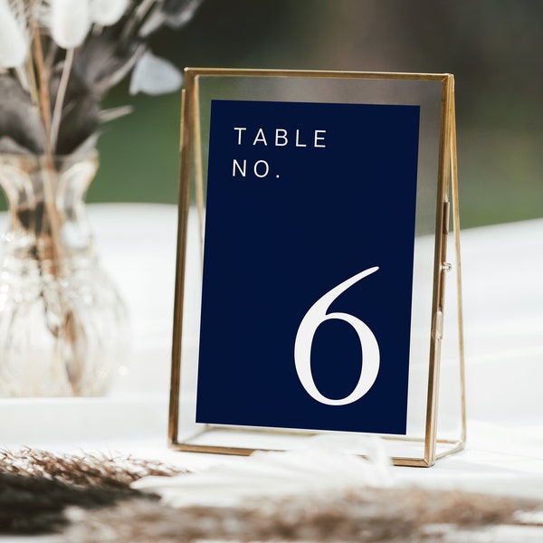 Navy Blue Table number card template, Wedding Table numbers printable, Modern wedding decor, Canva Template Wedding, Seating plan