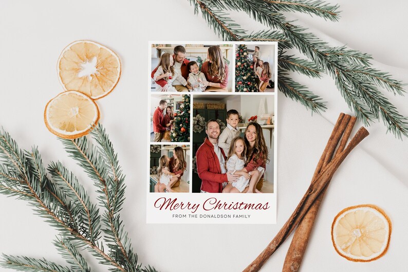 May include: A Christmas card with a collage of photos of a family. The card has a red and white border and the text "Merry Christmas from the Donaldson Family".