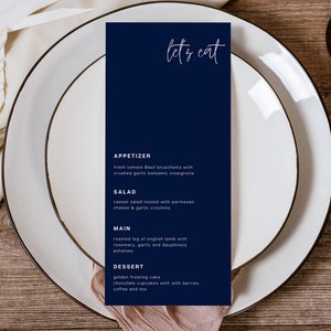 Blue Wedding Menu Template, Modern wedding table decor, Navy blue menu for wedding, Printable wedding menu, Canva Template for wedding,