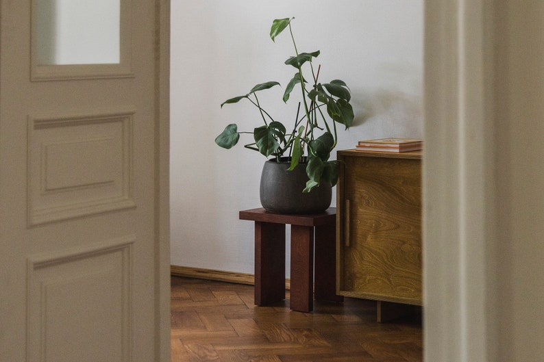 May include: A dark gray ceramic planter with a green leafy plant sits on a dark brown wooden stool. The plant is in a room with white walls and a wooden cabinet with a closed door.