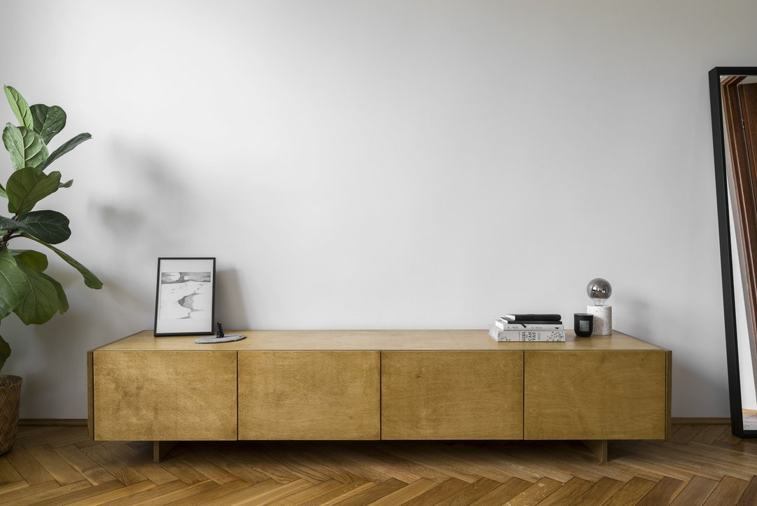 Minimalist Japandi Plywood Media Console With Two Drawers and Two ...