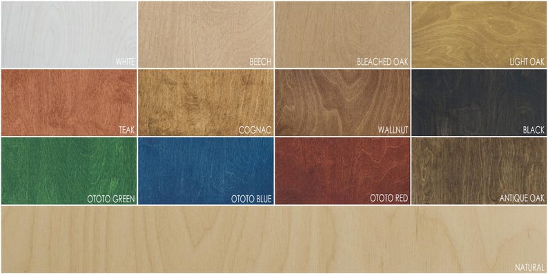 May include: A wood stain color chart with 12 different wood stain colors, including white, beech, bleached oak, light oak, teak, cognac, walnut, black, ototo green, ototo blue, ototo red, antique oak, and natural.