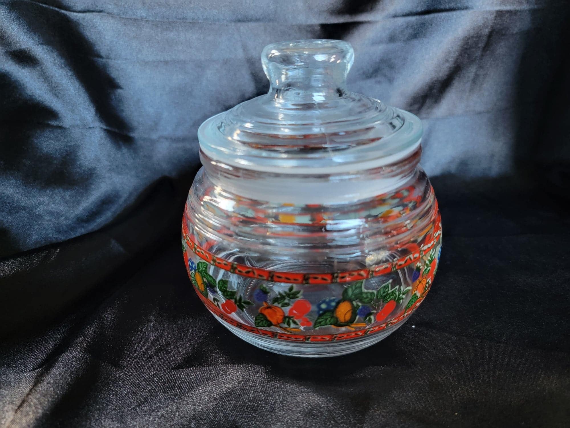 Vintage KIG Indonesia Clear Glass Cookie Jar Canister with Lid Embossed  Fruit