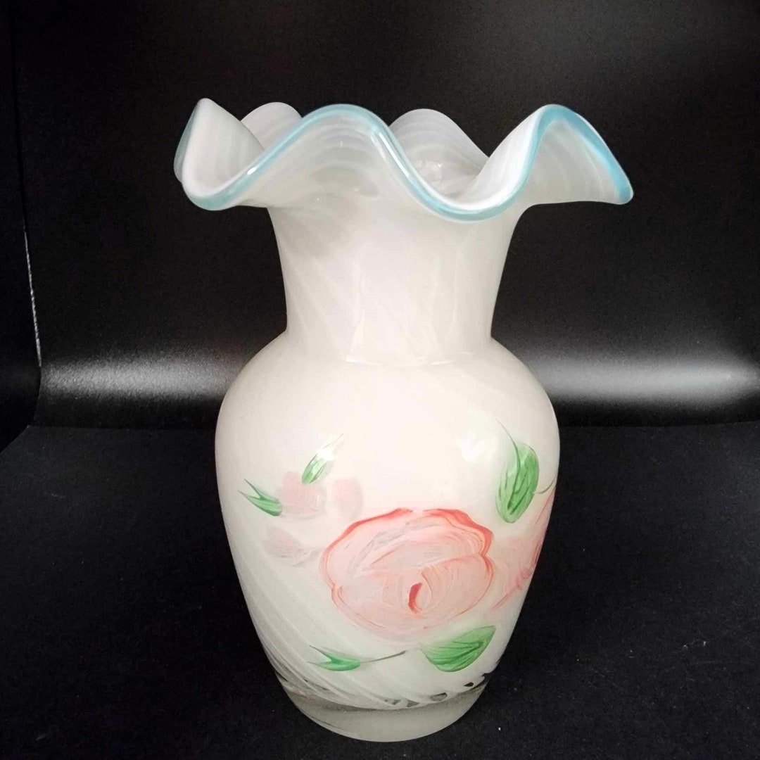 Pink Ruffle Rim Vintage White Swirl Vase With Handpainted Pink Flowers Blue Ruffle Rim ...
