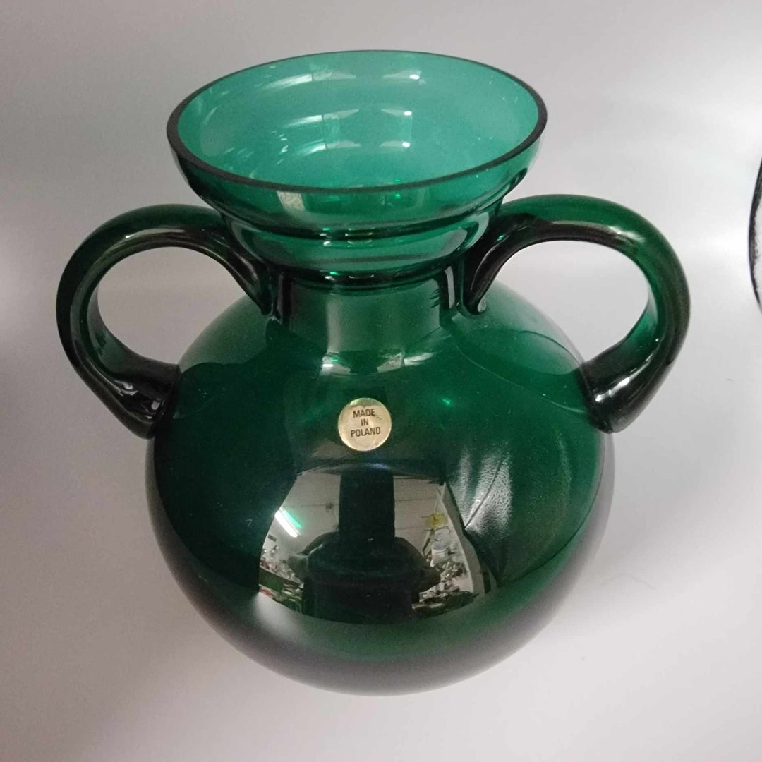 Vintage Green Glass Vase 2 Handles Pontil Base Made in Poland Etsy