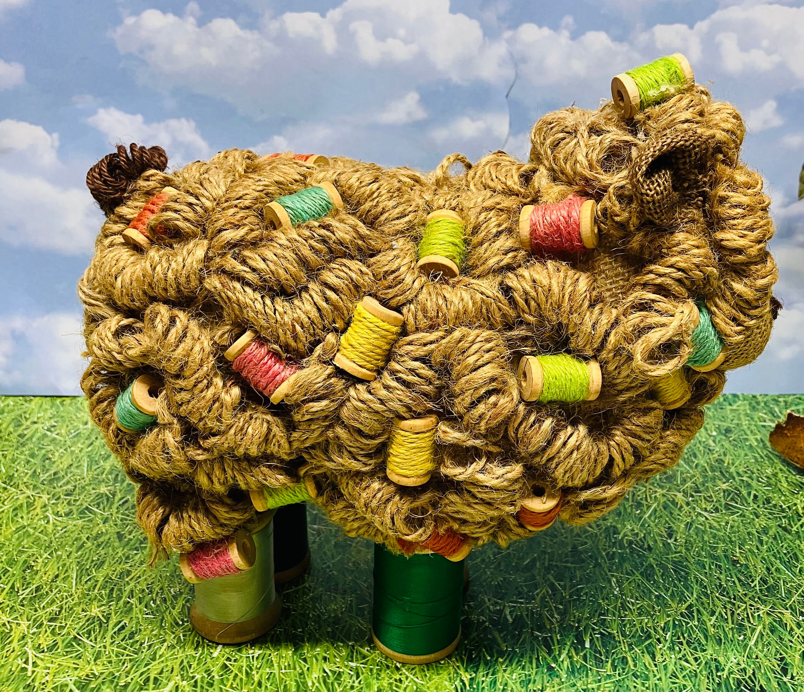 Vintage Craft Sheep of Threaded Spools W/ Large Wooden Sewing Spool ...