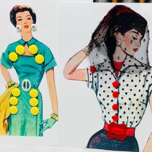 May include: Two vintage-style illustrations of women in retro fashion. One figure wears a teal dress with yellow accents, a white belt, and gloves. The other is in a polka-dot blouse, a red belt, and a black veil.