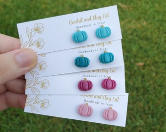 Colorful Pumpkin Stud Earrings | Polymer Clay Cottagecore Jewelry | Fall Earrings | Hypoallergenic Studs | Pink Pumpkins
