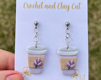 Lavender Latte Coffee Earrings | Cottage Core Jewelry | Polymer Clay | Purple Coffee | Whimsical Fashion | Sensitive Ears