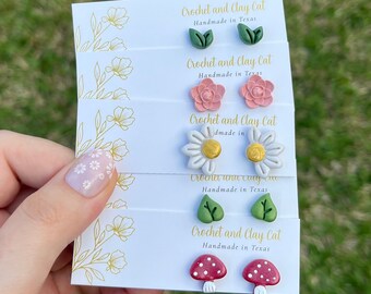 Spring Time Plant Stud Earrings | Polymer Clay Cottagecore Jewelry | Floral Earrings | Hypoallergenic Studs