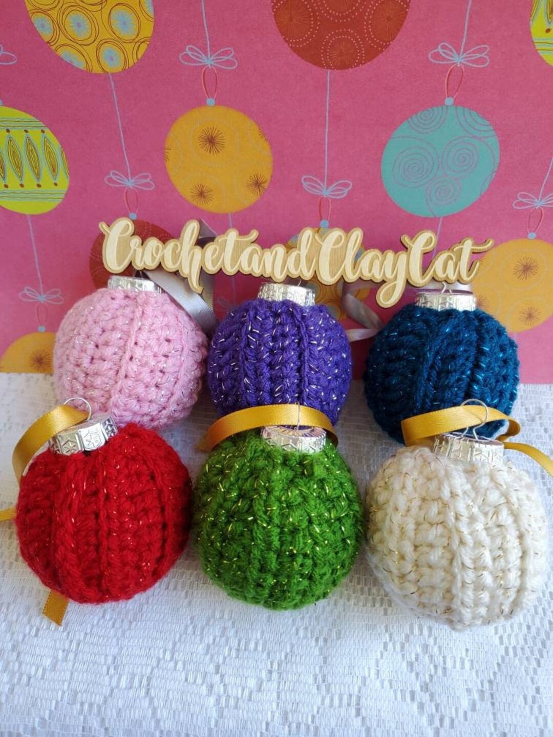 6 Pack Sparkly Christmas Tree Ornaments Crocheted Baubles Etsy