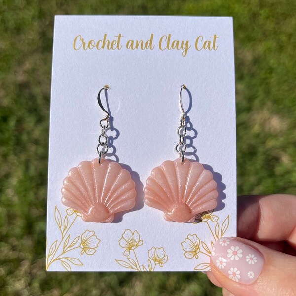 Seashell Earrings | Coastal Jewelry | Polymer Clay Earring | Pink Pearl Seashell | Ocean Waves