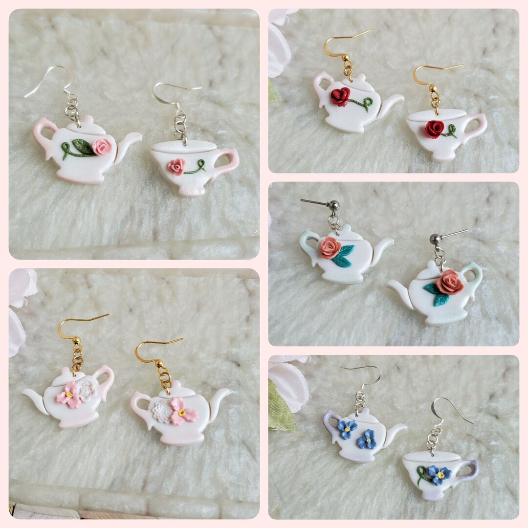 Floral Teapot Earrings Vintage Tea Set Earrings Cottagecore Fashion