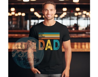 May include: A black t-shirt with a vintage-style graphic that reads "DAD" with the words "Husband, Daddy, Protector, Hero" above it in a rainbow of colours.