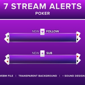 7 Animated Poker Stream Alerts | Purple & Silver | New Subscriber, New Follower, Add-on Twitch Stream | With Sound Design