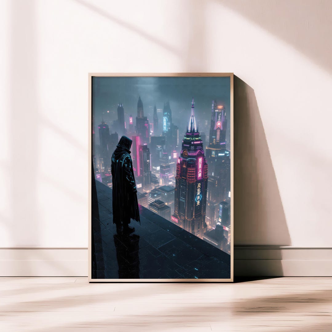 Futuristic Neon City Digital Wall Art | Cyberpunk Rooftop Scene | Sci ...