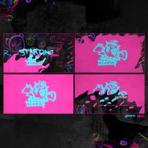 May include: A collage of four images with a pink background and blue neon graffiti. The text "STARTING SOON" is visible in the top left image. The text "JANTED PACK" is visible in the bottom right image.