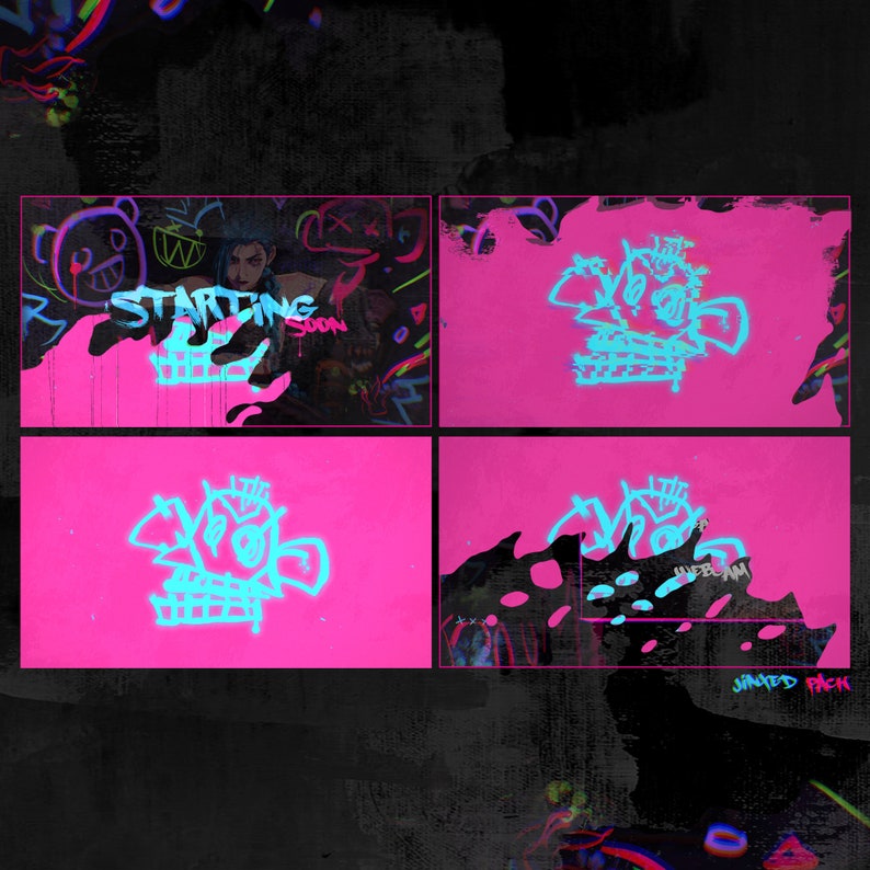 May include: A collage of four images with a pink background and blue neon graffiti. The text "STARTING SOON" is visible in the top left image. The text "JANTED PACK" is visible in the bottom right image.