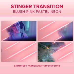 May include: Animated stinger transition with a pink pastel neon design. The transition features diagonal lines with a glowing effect. The transition is suitable for use in videos and social media.