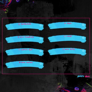 May include: A set of six blue Twitch stream alerts with white text and icons. The alerts are for subscribe, raid, new donation, host, gifted sub, and new bits. The alerts have a brushstroke effect and are set against a black background. The text "JINTED PACK" is at the bottom of the image.