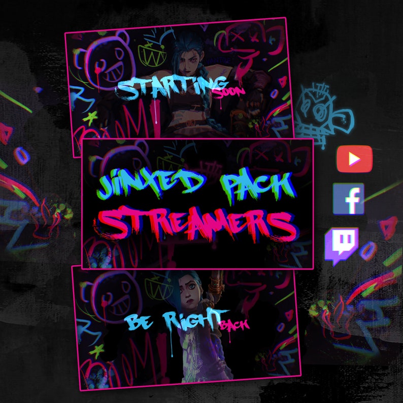 May include: A digital illustration of a video game character with pink and blue hair, wearing a black and white outfit, with the text "Starting Soon", "Jinked Pack Streamers", and "Be Right Back" in a neon pink, blue, and green font.
