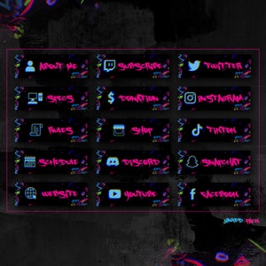 May include: A set of 12 social media buttons with neon pink and blue text on a black background. The buttons feature icons for various social media platforms, including Twitter, Instagram, TikTok, Discord, YouTube, and Facebook.