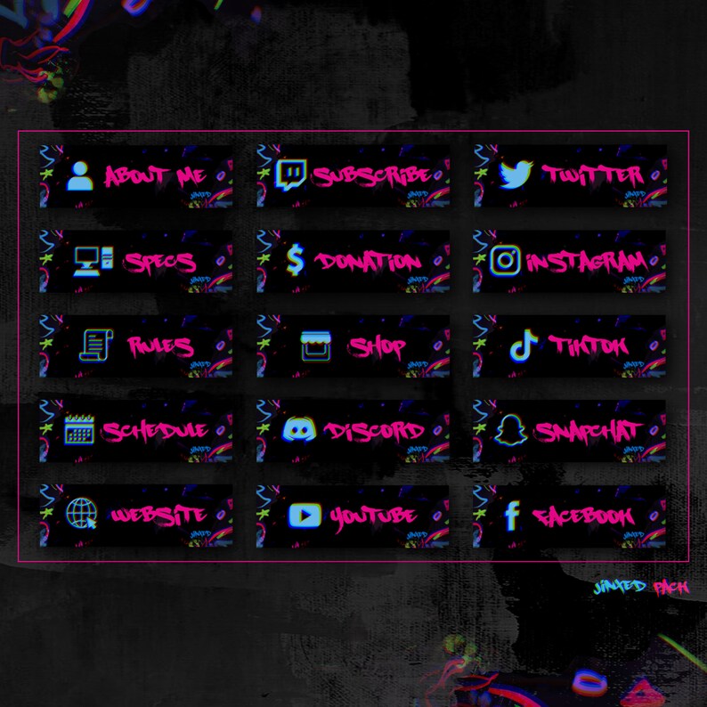 May include: A set of 12 social media buttons with neon pink and blue text on a black background. The buttons feature icons for various social media platforms, including Twitter, Instagram, TikTok, Discord, YouTube, and Facebook.